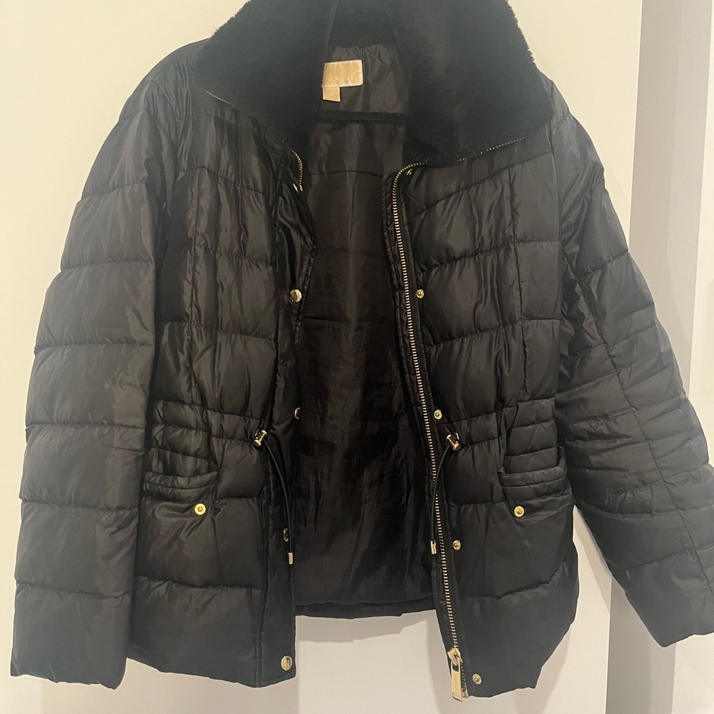 Michael Kora Black Puffer Jacket with Gold Accents